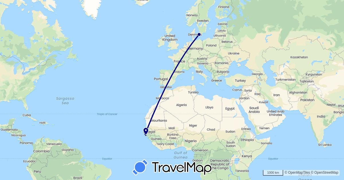 TravelMap itinerary: driving in Denmark, Gambia, Senegal (Africa, Europe)